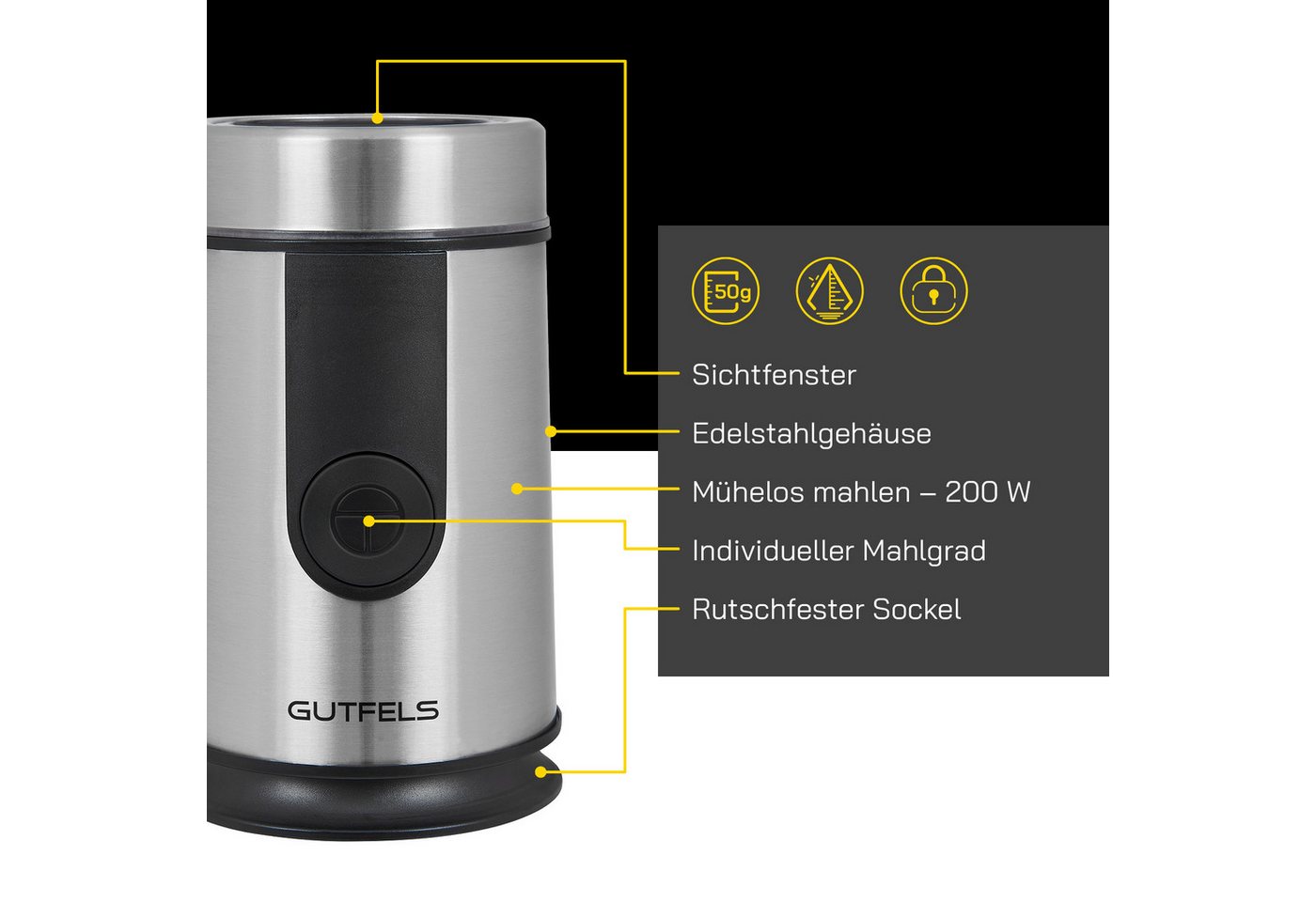 Gutfels Kaffeemühle COFFEE 5010, 200 W, Schlagmesser, 50 g Bohnenbehälter, zum Mahlen von Kaffeebohnen und Zerkleinern von Gewürzen oder Nüssen. – Bild 3 von 5