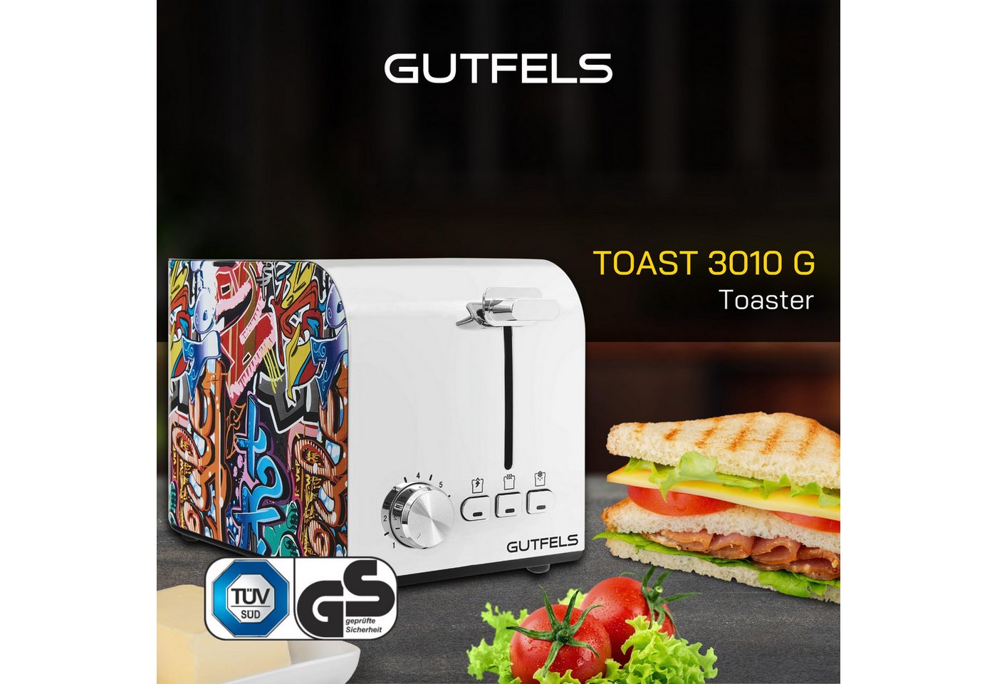 Gutfels Toaster TOAST 3010 G, 2 kurze Schlitze, 850 W, 2-Scheiben-Toaster, 850 Watt, Graffitti-Style – Bild 2 von 5