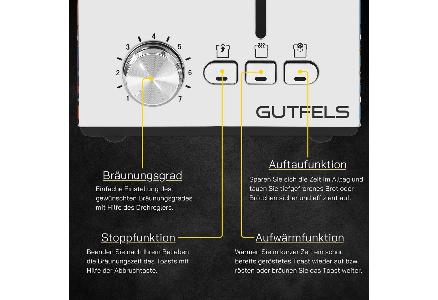 Gutfels Toaster TOAST 3010 G, 2 kurze Schlitze, 850 W, 2-Scheiben-Toaster, 850 Watt, Graffitti-Style – Bild 3 von 5