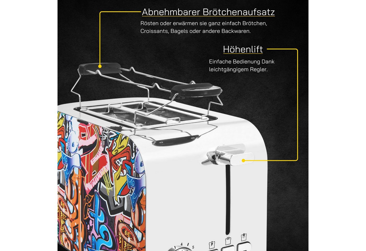 Gutfels Toaster TOAST 3010 G, 2 kurze Schlitze, 850 W, 2-Scheiben-Toaster, 850 Watt, Graffitti-Style – Bild 4 von 5