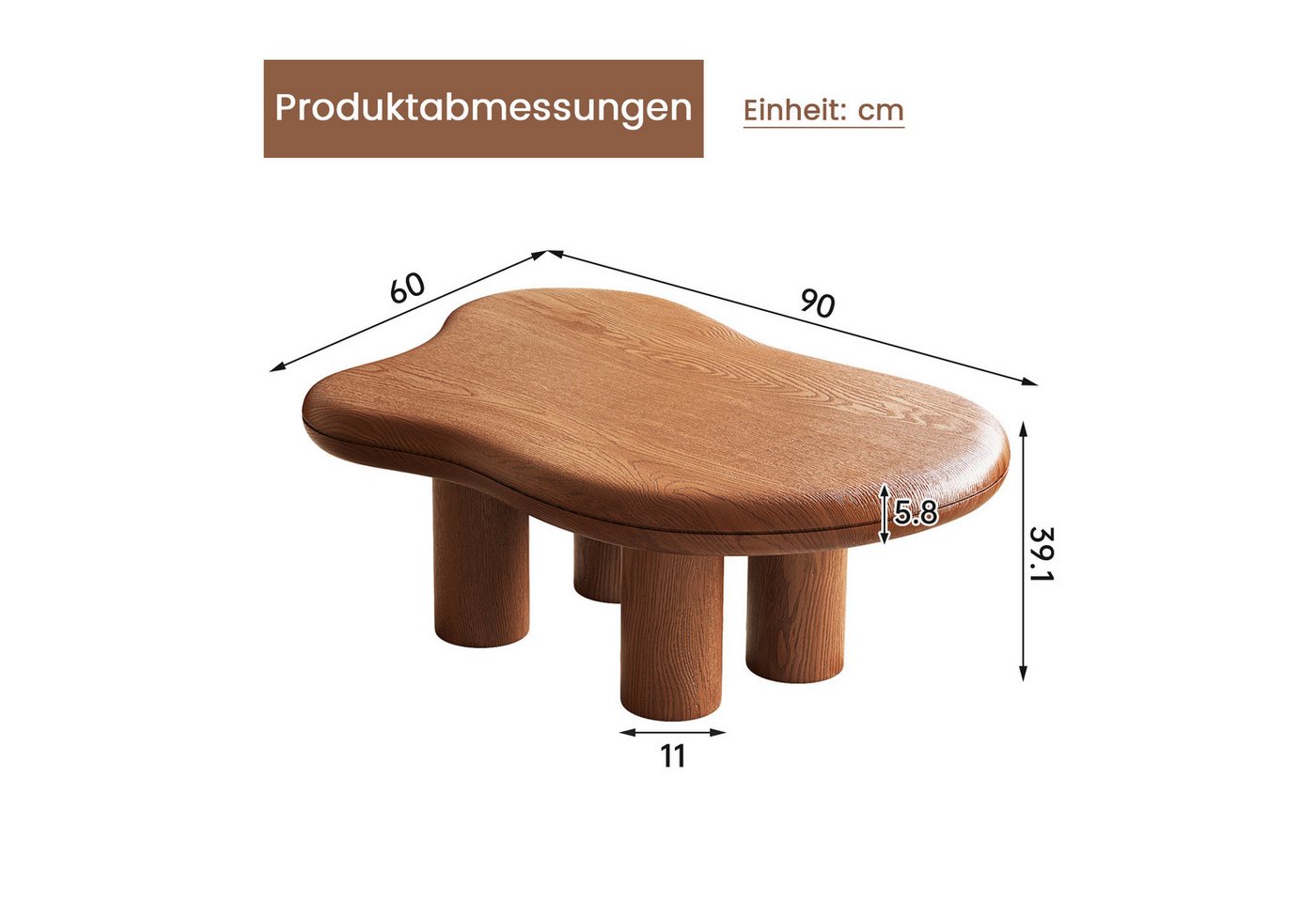 Guyii Couchtisch mit organischer Form, Wohnzimmertisch 90 x 60 x 39,1cm (1-St), Designer Sofatisch mit runden Beinen & abgerundeten Kanten – Bild 2 von 5