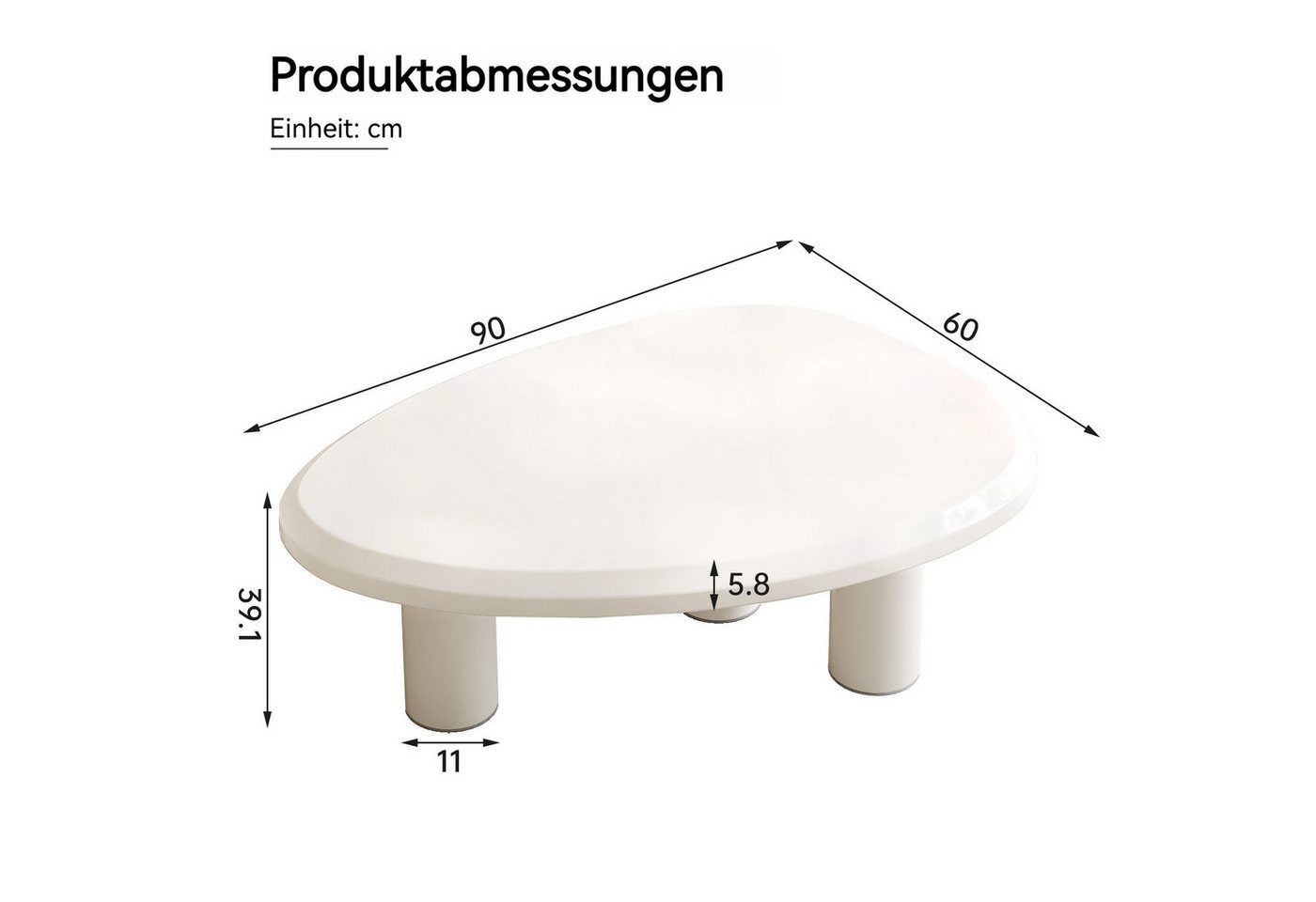 Guyii Couchtisch oval Cremeweiß, Hochglanz Sofatisch, 90 x 60 x 39,1 cm (1-St), Modern minimalistische Wohnzimmertisch mit abgerundeten Kanten – Bild 2 von 5