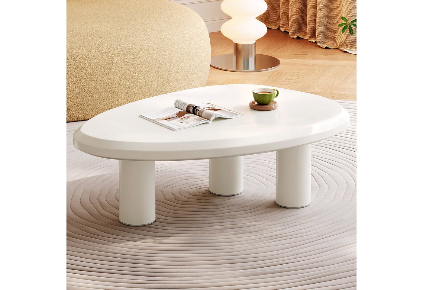 Guyii Couchtisch oval Cremeweiß, Hochglanz Sofatisch, 90 x 60 x 39,1 cm (1-St), Modern minimalistische Wohnzimmertisch mit abgerundeten Kanten – Bild 4 von 5