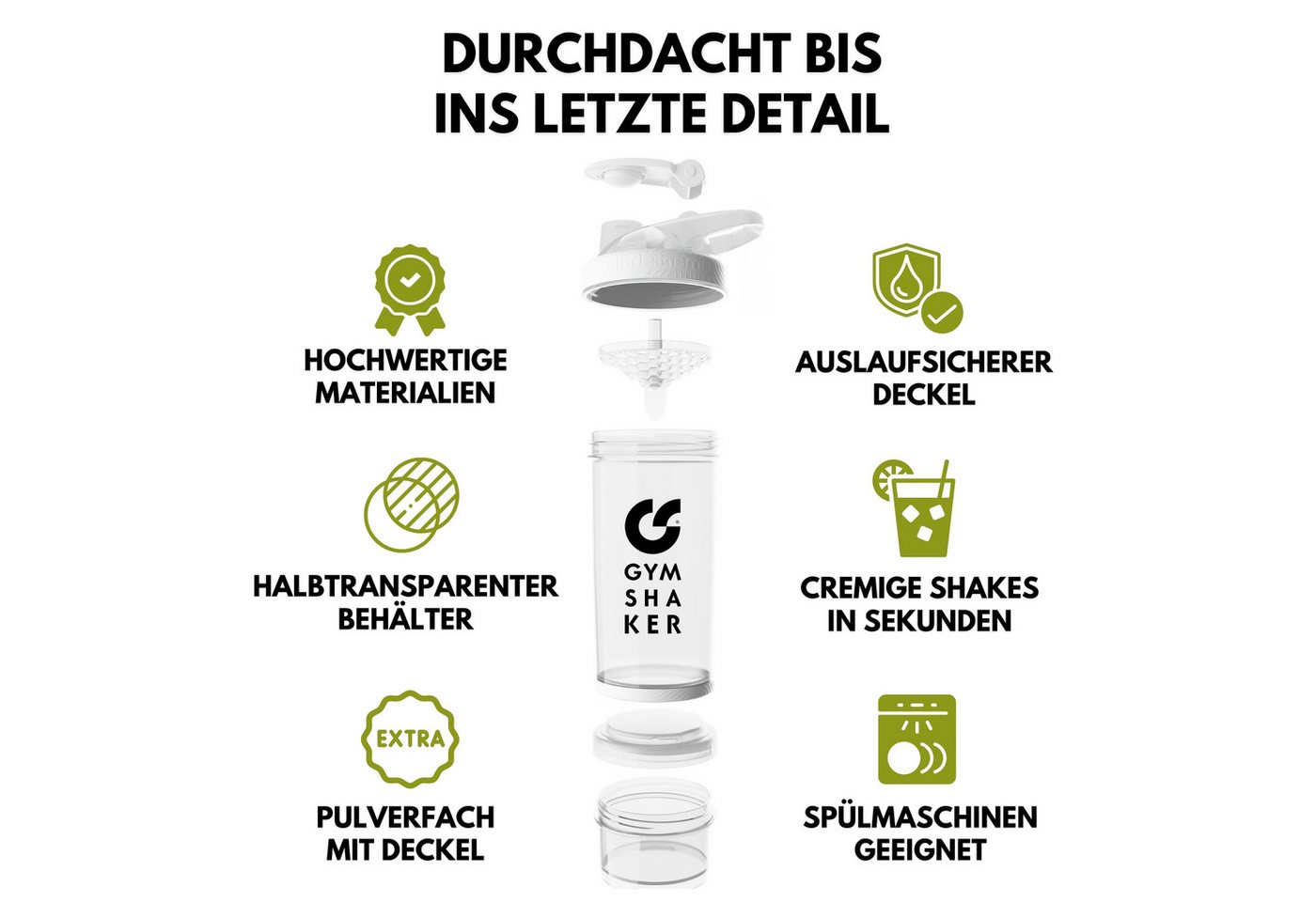 GYMSHAKER Protein Shaker mit Pulverfach 2er Pack Trinkflasche für Fitness, Gym & Bodybuilding, (2-tlg), spülmaschinengeeignet, auslaufsicher, separates Pulverfa – Bild 2 von 5
