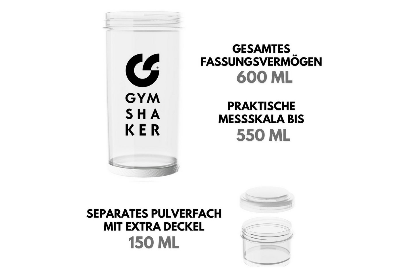 GYMSHAKER Protein Shaker mit Pulverfach 2er Pack Trinkflasche für Fitness, Gym & Bodybuilding, (2-tlg), spülmaschinengeeignet, auslaufsicher, separates Pulverfa – Bild 3 von 5