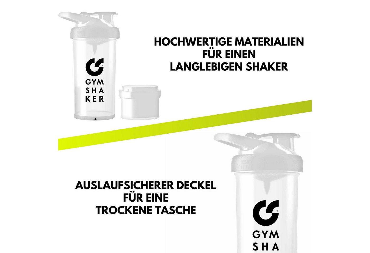 GYMSHAKER Protein Shaker mit Pulverfach 2er Pack Trinkflasche für Fitness, Gym & Bodybuilding, (2-tlg), spülmaschinengeeignet, auslaufsicher, separates Pulverfa – Bild 4 von 5