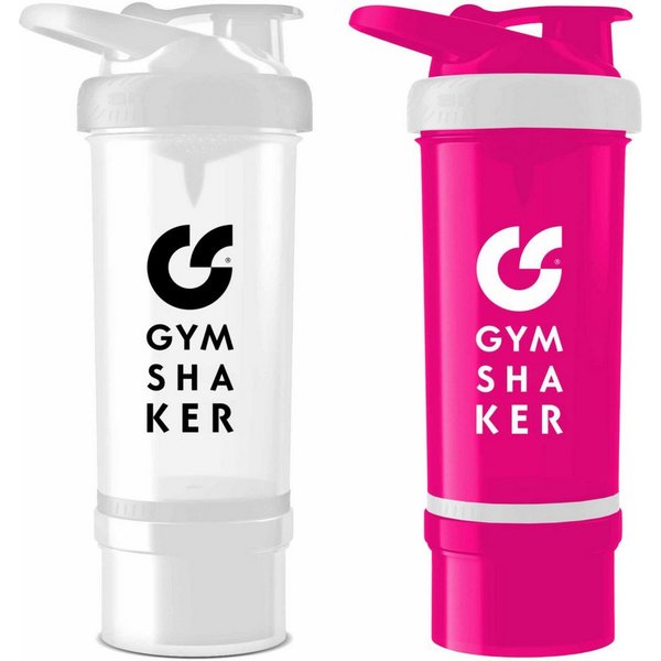 GYMSHAKER Protein Shaker mit Pulverfach 2er Pack Trinkflasche für Fitness, Gym & Bodybuilding, (2-tlg), spülmaschinengeeignet, auslaufsicher, separates Pulverfa