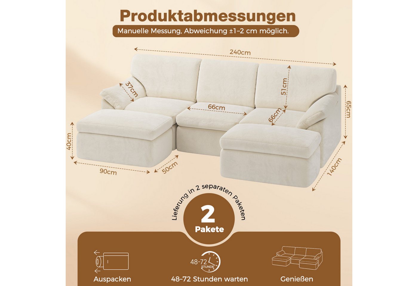 Gywowken Wohnlandschaft - Modulares Sofa 240 cm breit - Couch U-Form - Vakuumverpackt, Set, mit Liegefläche - Schlafsofa - keine Montage erforderlich – Bild 2 von 5
