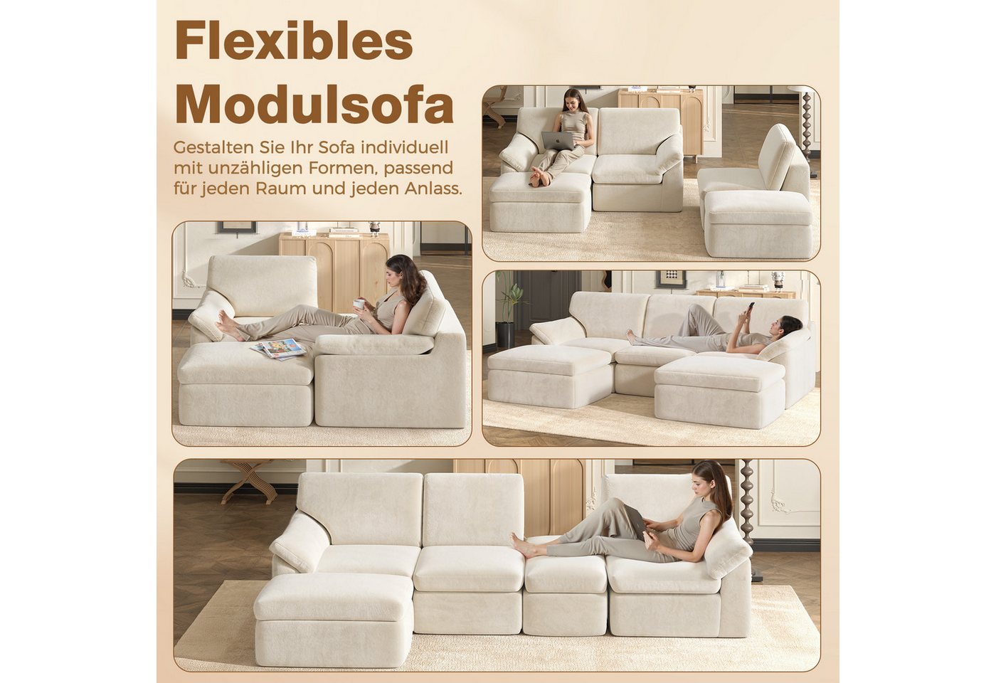 Gywowken Wohnlandschaft - Modulares Sofa 240 cm breit - Couch U-Form - Vakuumverpackt, Set, mit Liegefläche - Schlafsofa - keine Montage erforderlich – Bild 4 von 5