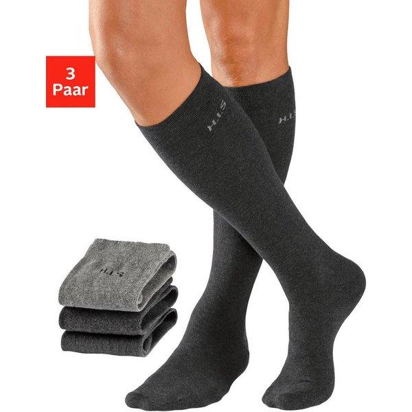 H.I.S Kniestrümpfe Basic Herren Strümpfe Komfortsocken, Alltagssocken (Packung, 3-Paar, Gr. 39-42 bis 47-48) mit druckfreiem Bündchen