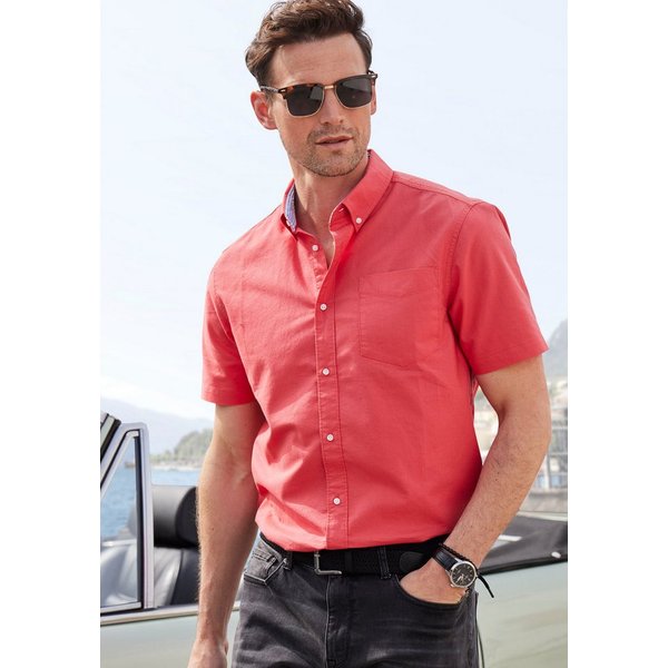 H.I.S Kurzarmhemd aus reiner Baumwolle, Regular-fit Button-down-Kragen mit gestreiftem Innenkragen