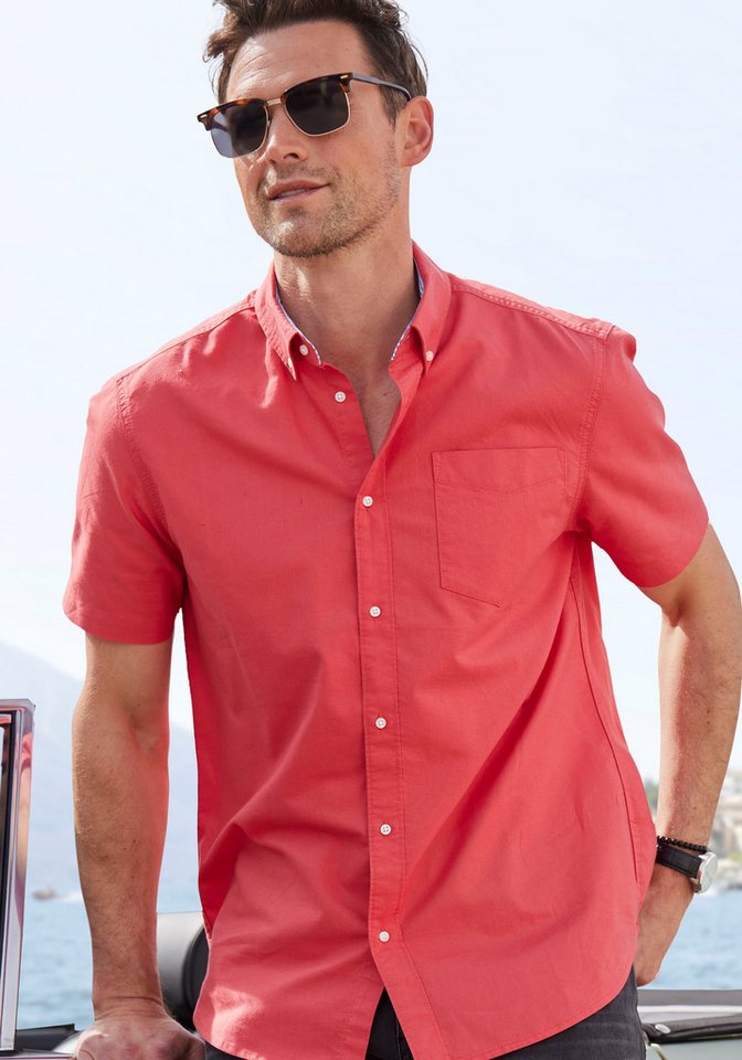 H.I.S Kurzarmhemd aus reiner Baumwolle, Regular-fit Button-down-Kragen mit gestreiftem Innenkragen – Bild 3 von 5