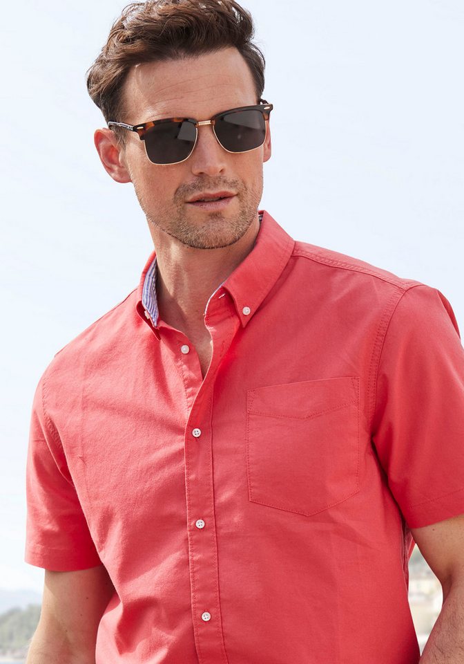H.I.S Kurzarmhemd aus reiner Baumwolle, Regular-fit Button-down-Kragen mit gestreiftem Innenkragen – Bild 4 von 5