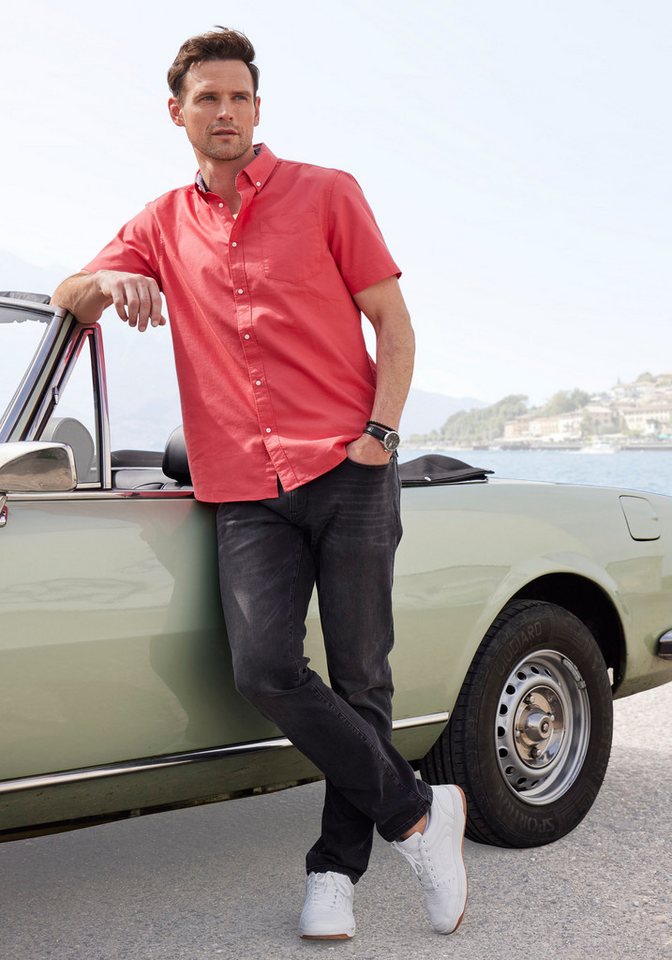 H.I.S Kurzarmhemd aus reiner Baumwolle, Regular-fit Button-down-Kragen mit gestreiftem Innenkragen – Bild 5 von 5