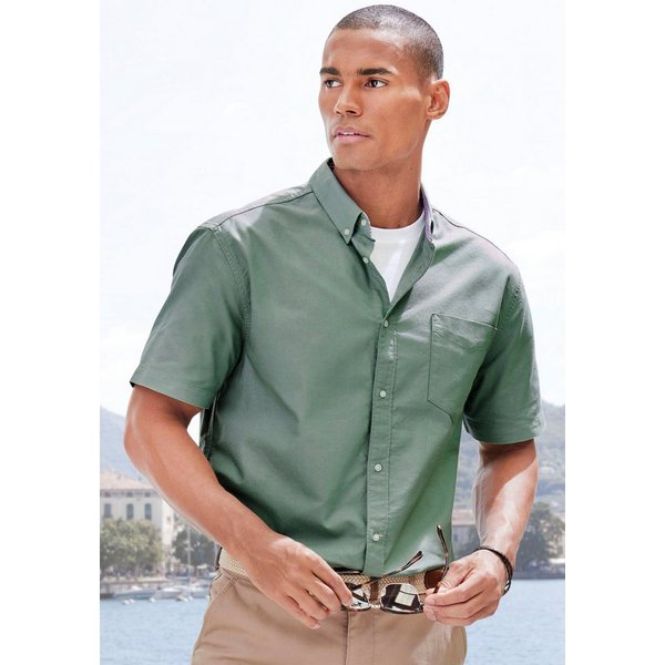 H.I.S Kurzarmhemd aus reiner Baumwolle, Regular-fit Button-down-Kragen mit gestreiftem Innenkragen