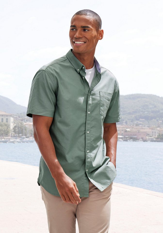 H.I.S Kurzarmhemd aus reiner Baumwolle, Regular-fit Button-down-Kragen mit gestreiftem Innenkragen – Bild 3 von 5