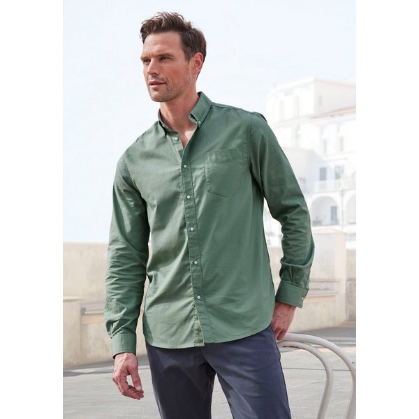 H.I.S Langarmhemd aus reiner Baumwolle, Regular-fit Button-down-Kragen mit gestreiftem Innenkragen
