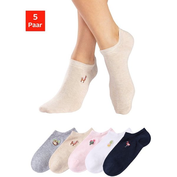 H.I.S Sneakersocken Damen, Kinder Sneaker Socken bestickte Sommerliche Baumwollsocken (Packung, 5-Paar, Gr. 35-38 bis 39-42) mit Motivstickerei