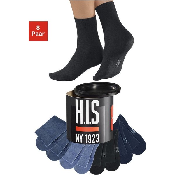 H.I.S Socken Basic Damen & Herren Baumwollsocken, Business & Freizeit (Dose, 8-Paar, Gr. 35-38 bis 47-48) in der Geschenkdose