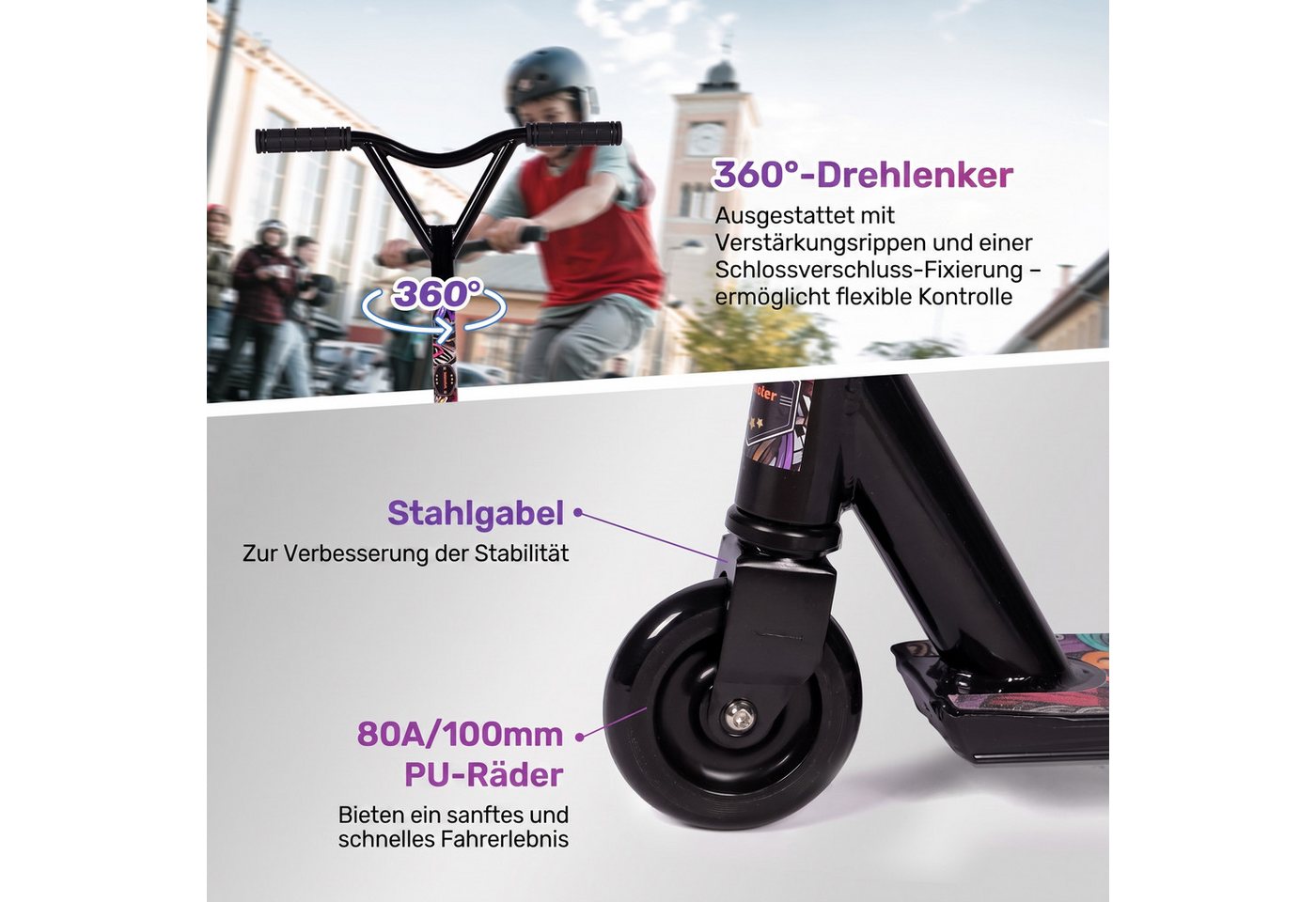 H.yeed Stuntscooter 360° Lenkung, Freestyle Stunt Scooter mit ABEC-9 Kugellager, für Jungen, Mädchen, Jugendliche ab 6 Jahren – Bild 4 von 5
