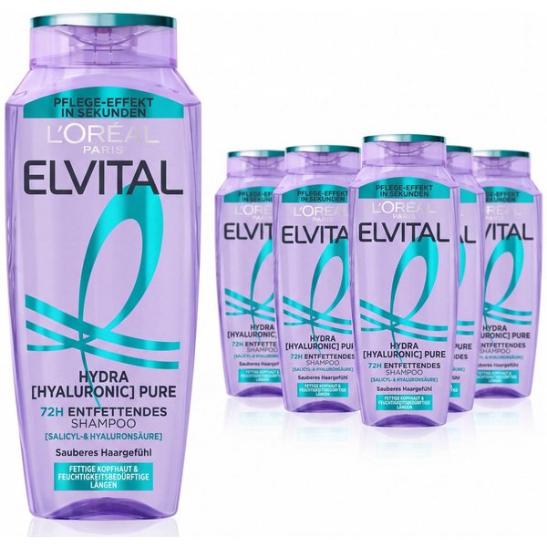 L'ORÉAL PARIS Haarshampoo L'Oréal Paris Elvital Hydra [Hyaluronic] Pure Shampoo, Packung, 6-tlg., Reinigt fettige Kopfhaut, spendet bis zu 72h Feuchtigkeit für 