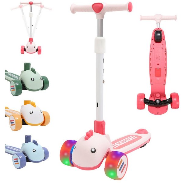 Habib Gruppe Dreiradscooter Kinderroller mit Tier-Design 3 Räder LED klappbar 3-8 Jahre, Tier-Design mit LED-Rädern, 3 Stufen 67-75 cm, klappbar
