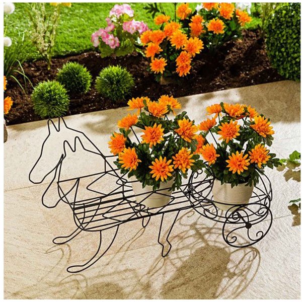 HAC24 Blumenständer Deko Pflanzenständer Pferdekutsche Pflanzen Blumen Ständer, Metall Schwarz 65 x 36 x 24 cm
