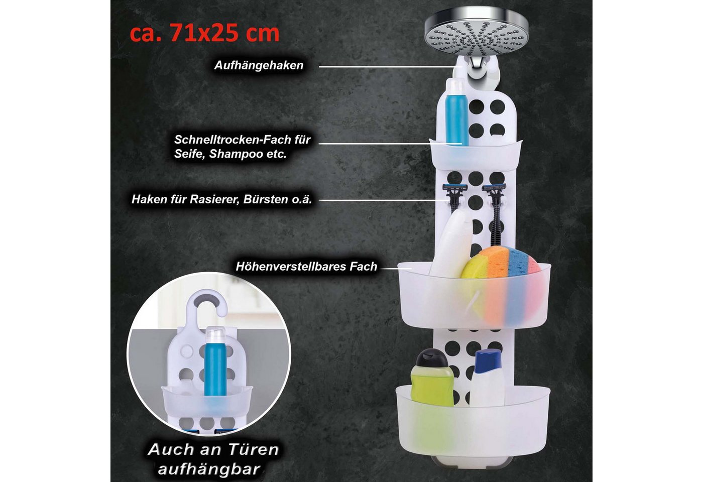 HAC24 Duschablage Duschkorb Duschaufhänger Kunststoff Badablage Seifenkorb, 2-tlg., Verstellbar zum Hängen für Duschstange – Bild 4 von 4