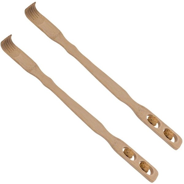 HAC24 Massagegerät Rückenkratzer Bambus Kratzhilfe Kratzhand Rückenmassage, Set 2-tlg., mit Massagerollen, 46 cm