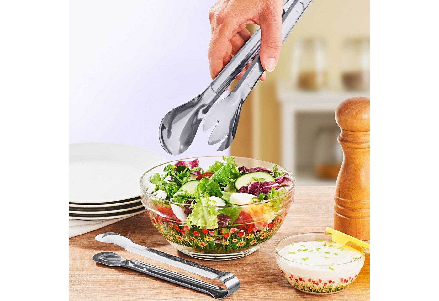 HAC24 Servierzange 4x Servierbesteck Küchenhelfer Salatbesteck Küchenzange Salatzange, Edelstahl, 29 cm & 18 cm – Bild 3 von 3