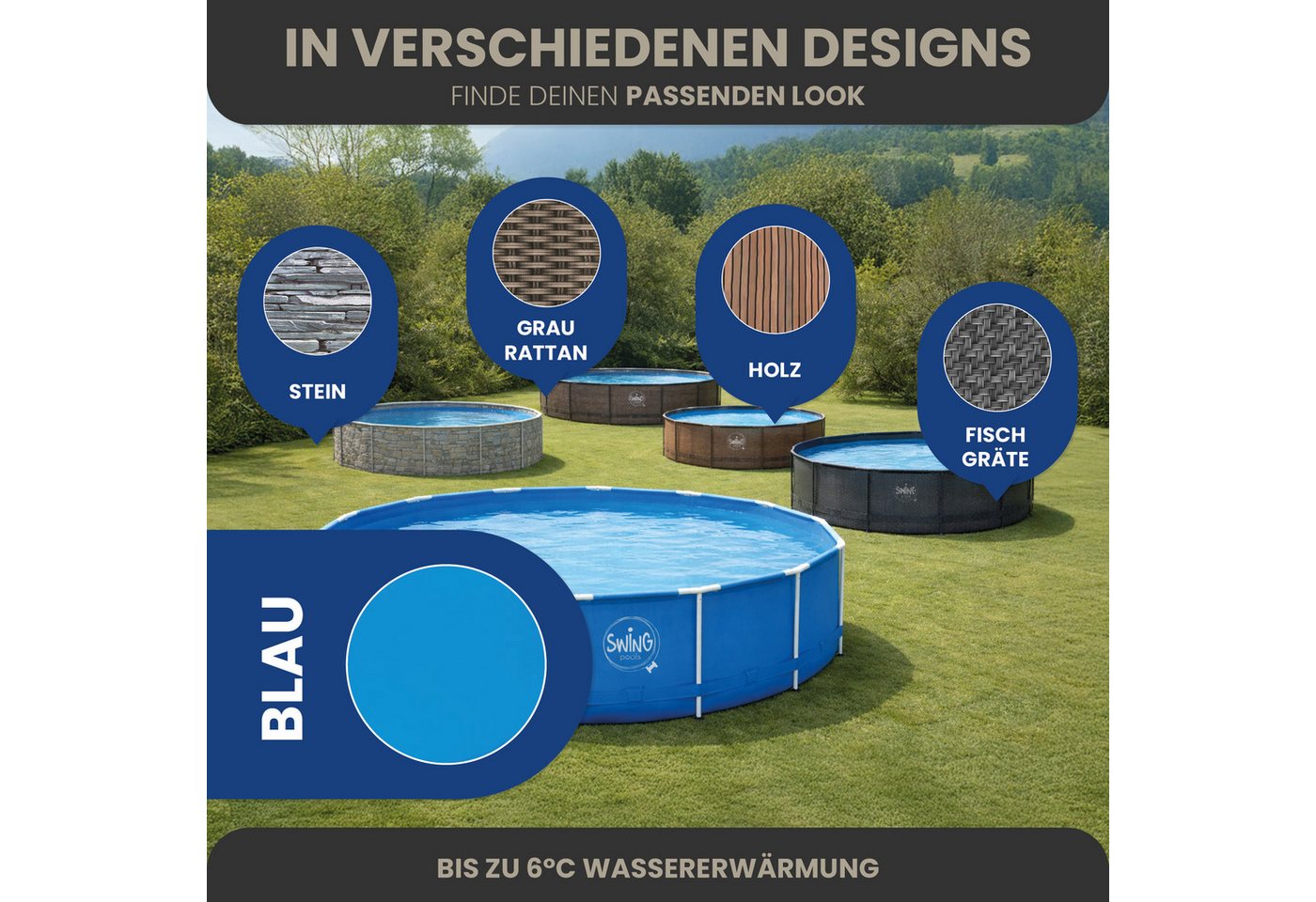 HAF Framepool Frame Pool Aufstellpool Schwimmbecken Grau Rattan rund 305 x 76 cm (Vollständiges Komplett Set mit Rahmen und Folie, Einfacher, schneller & unkomp – Bild 5 von 5