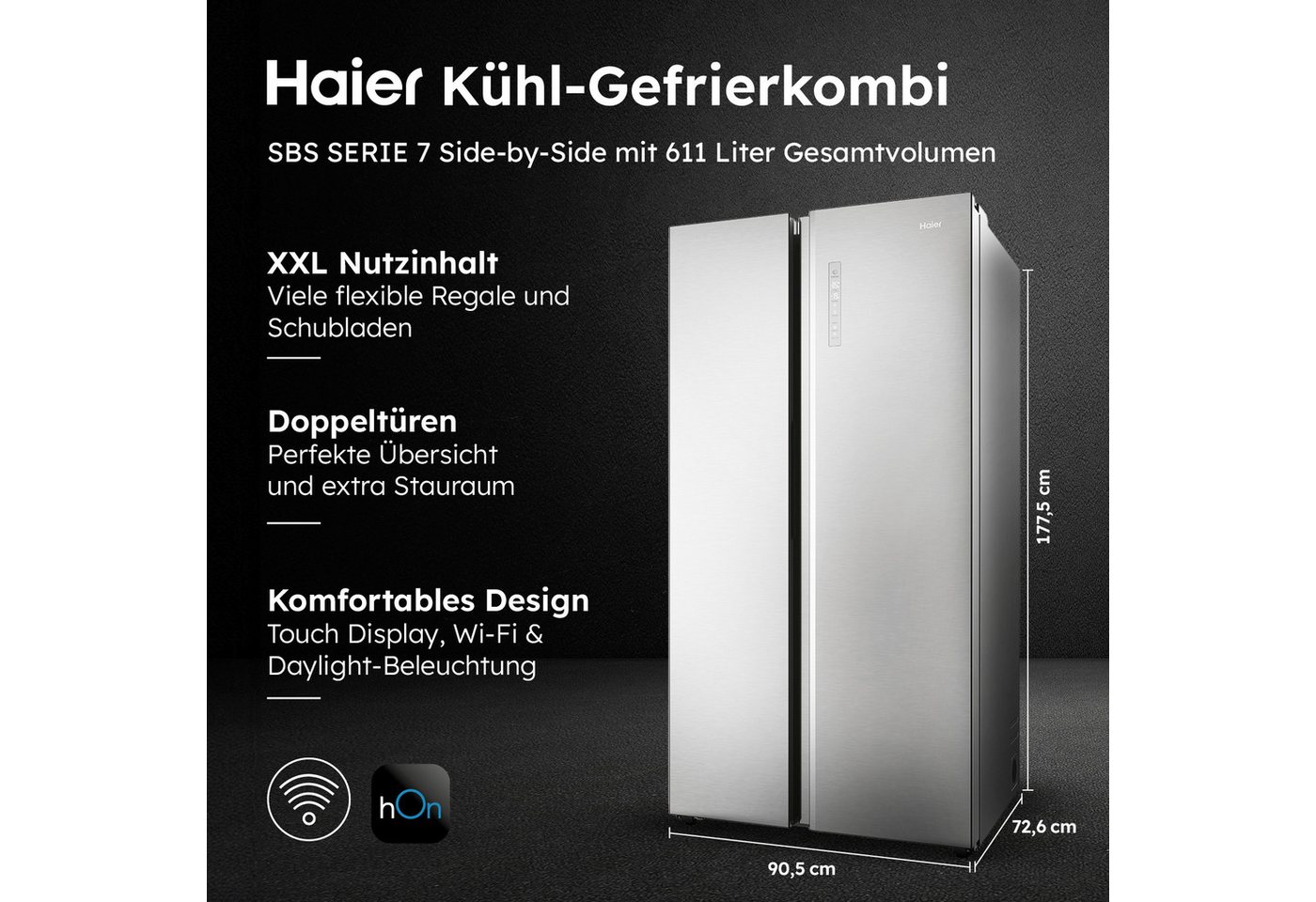 Haier Side-by-Side SBS Full Depth HSW79F18ANMM, 177,5 cm hoch, 90,5 cm breit, XXL-Kapazität: Über 600 Liter Fassungsvermögen – Bild 2 von 5