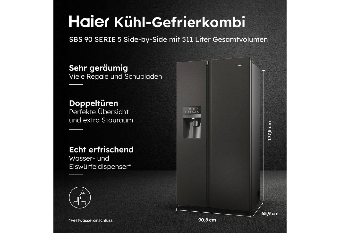 Haier Side-by-Side SBS Slim HSR5918DIPB, 177,5 cm hoch, 90,8 cm breit, 178 cm hoch, 91 cm breit, Nutzinhalt: 511 Liter, Multi Airflow – Bild 2 von 5