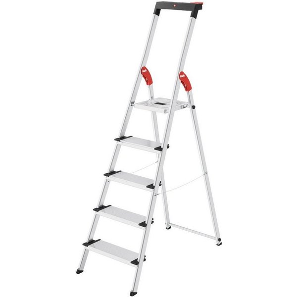 Hailo Trittleiter L75 JUBILÄUM-SICHERHEITSLEITER COMFORTLINE, ALU-HAUSHALTSLEITER MIT 5, Multifunktionsablage, XXL-Stufen, Clip-System, rutschsichere Füße