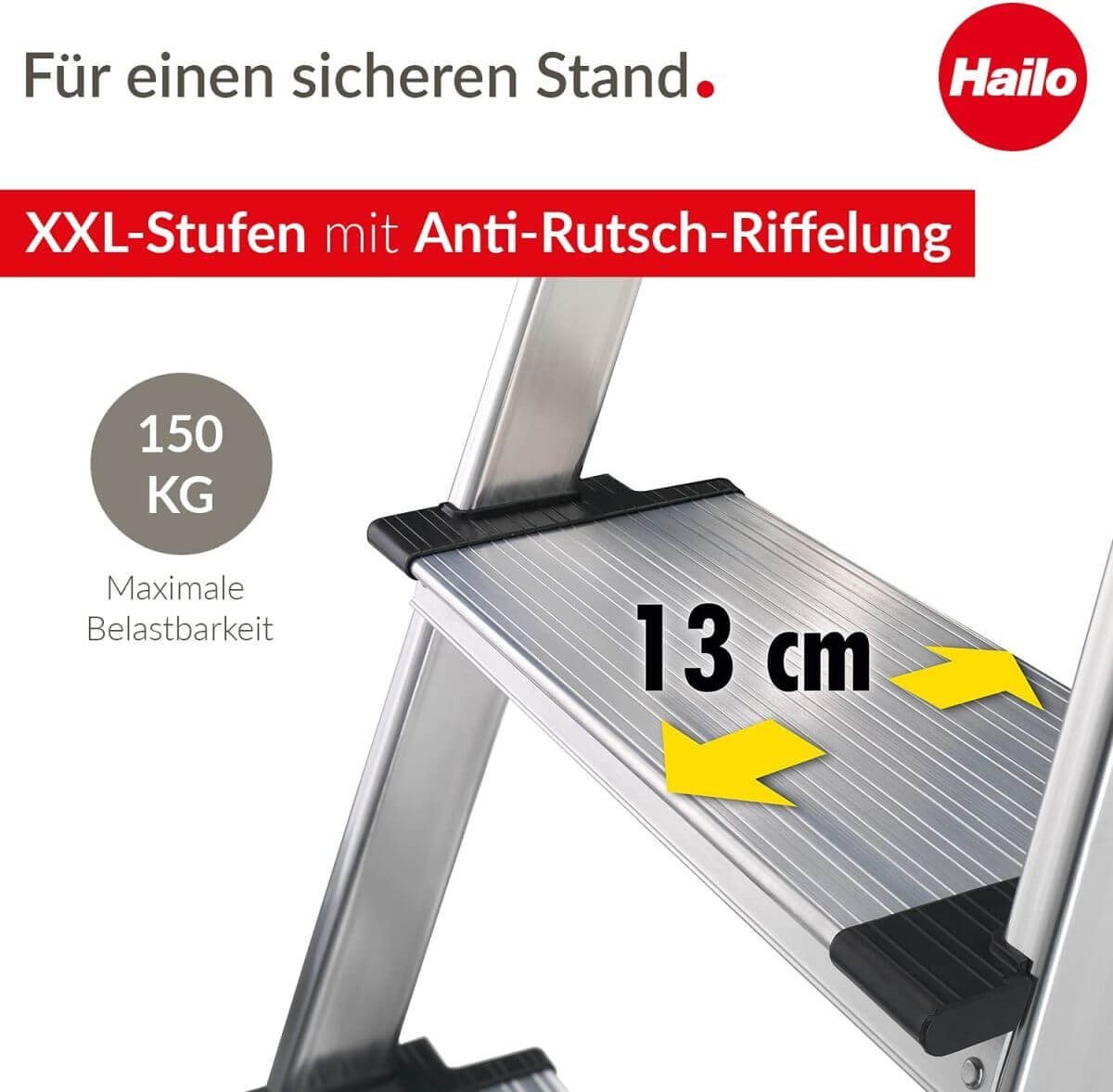 Hailo Trittleiter L75 JUBILÄUM-SICHERHEITSLEITER COMFORTLINE, ALU-HAUSHALTSLEITER MIT 5, Multifunktionsablage, XXL-Stufen, Clip-System, rutschsichere Füße – Bild 2 von 5