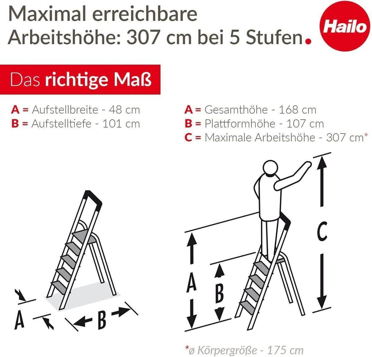 Hailo Trittleiter L75 JUBILÄUM-SICHERHEITSLEITER COMFORTLINE, ALU-HAUSHALTSLEITER MIT 5, Multifunktionsablage, XXL-Stufen, Clip-System, rutschsichere Füße – Bild 3 von 5