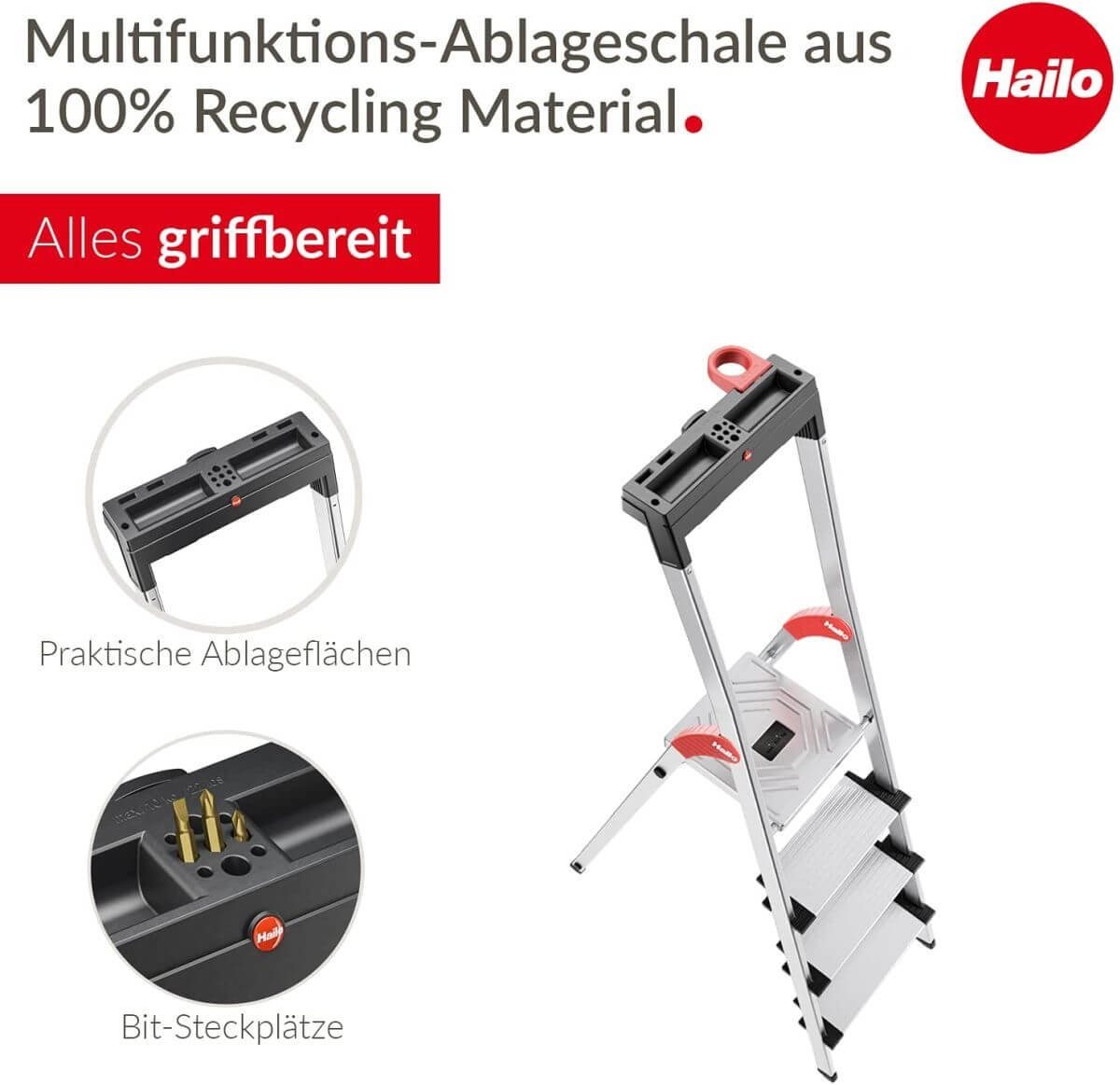 Hailo Trittleiter L75 JUBILÄUM-SICHERHEITSLEITER COMFORTLINE, ALU-HAUSHALTSLEITER MIT 5, Multifunktionsablage, XXL-Stufen, Clip-System, rutschsichere Füße – Bild 4 von 5