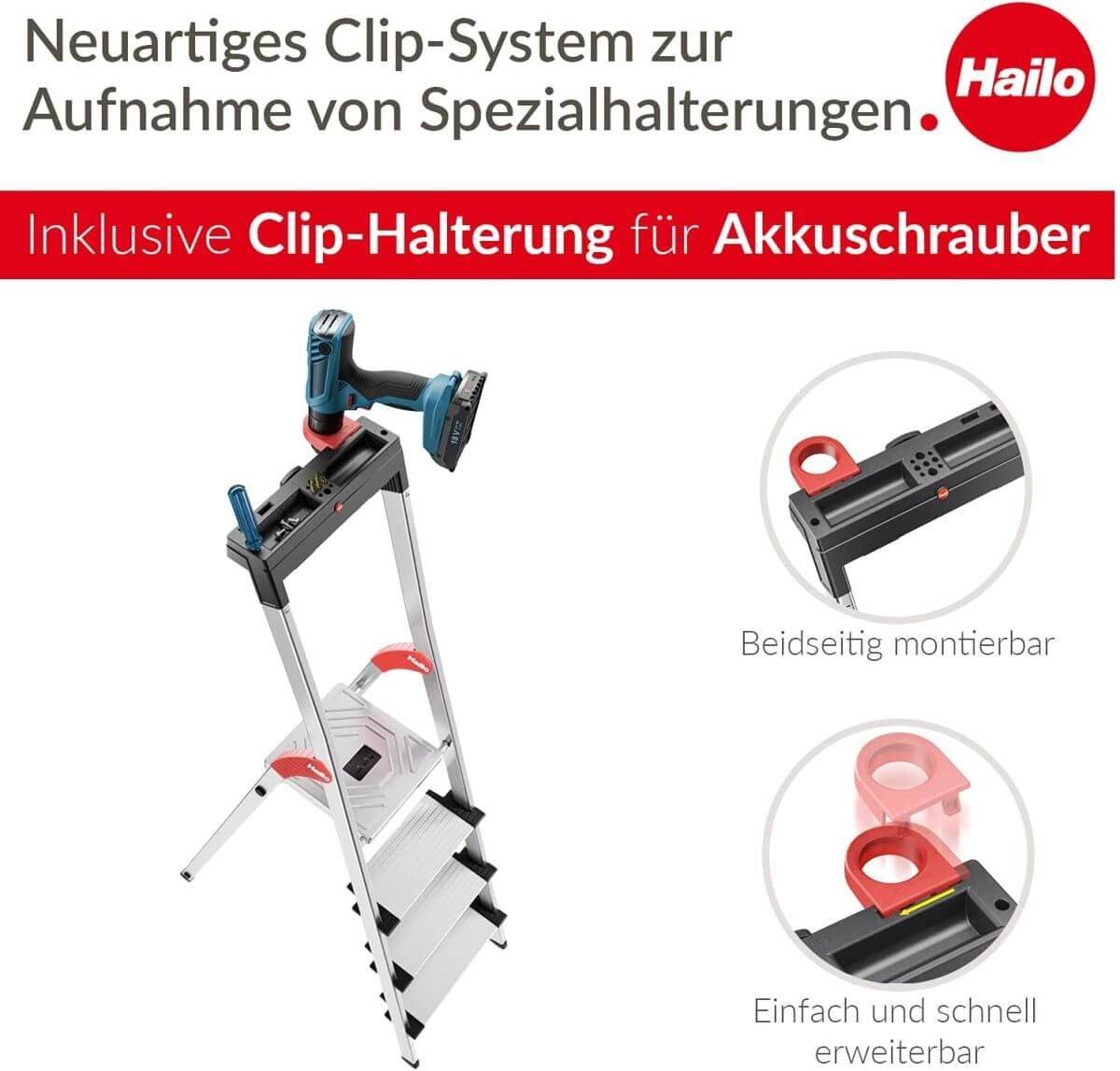 Hailo Trittleiter L75 JUBILÄUM-SICHERHEITSLEITER COMFORTLINE, ALU-HAUSHALTSLEITER MIT 5, Multifunktionsablage, XXL-Stufen, Clip-System, rutschsichere Füße – Bild 5 von 5