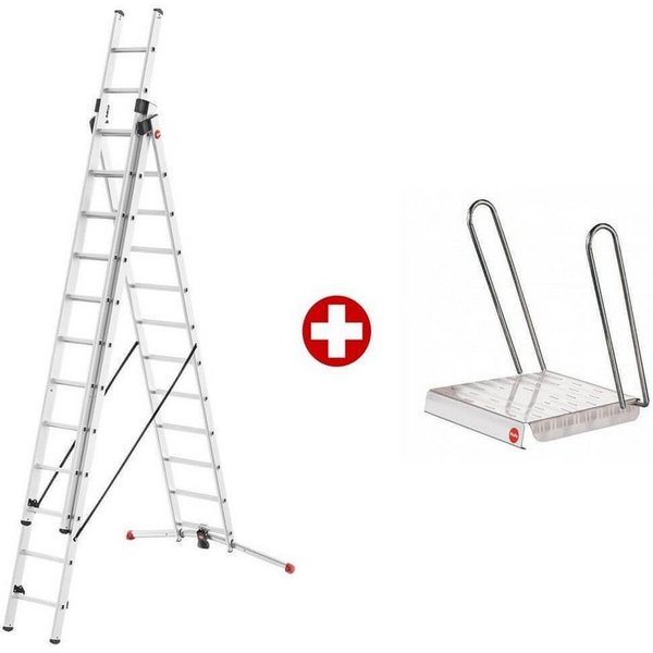 Hailo Trittleiter ProfiLOT Aluminium-Teleskopleiter mit gratis Einhängetritt, Kombi-Leit (Set, gratis Einhängetritt), mit bis zu 150 kg belastbar, Rasthaken mit
