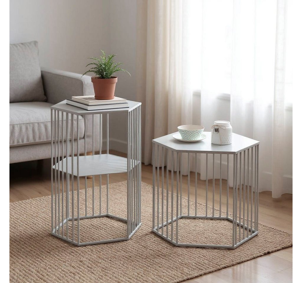 HAKU Beistelltisch Sofatisch, Wohnzimmertisch (Set, 2-St., 2er Set), sechseckig - aus Metall Grau B/T/H 38/33/55 und 42/37/45 cm – Bild 2 von 5