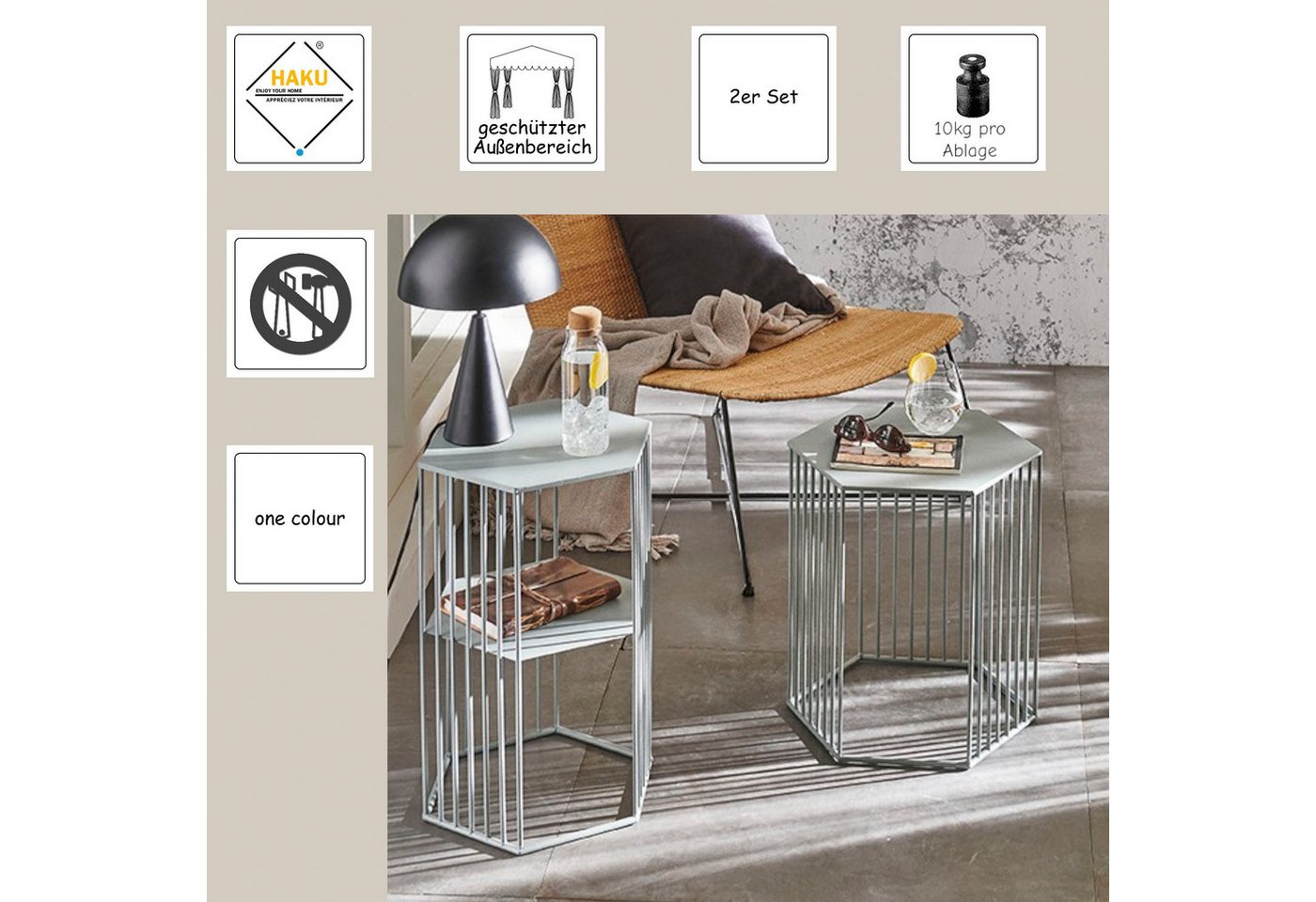 HAKU Beistelltisch Sofatisch, Wohnzimmertisch (Set, 2-St., 2er Set), sechseckig - aus Metall Grau B/T/H 38/33/55 und 42/37/45 cm – Bild 3 von 5