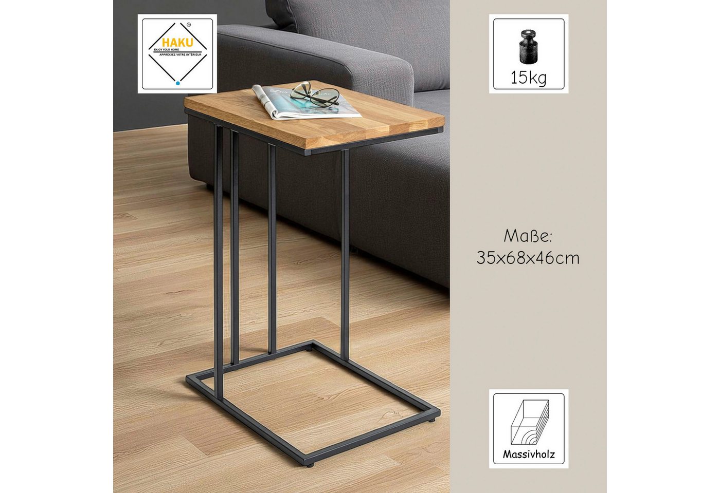 HAKU Beistelltisch Sofatisch, Wohnzimmertisch (1-St), rechteckig - aus Massivholz Braun B/T/H 35/46/68 cm – Bild 3 von 5