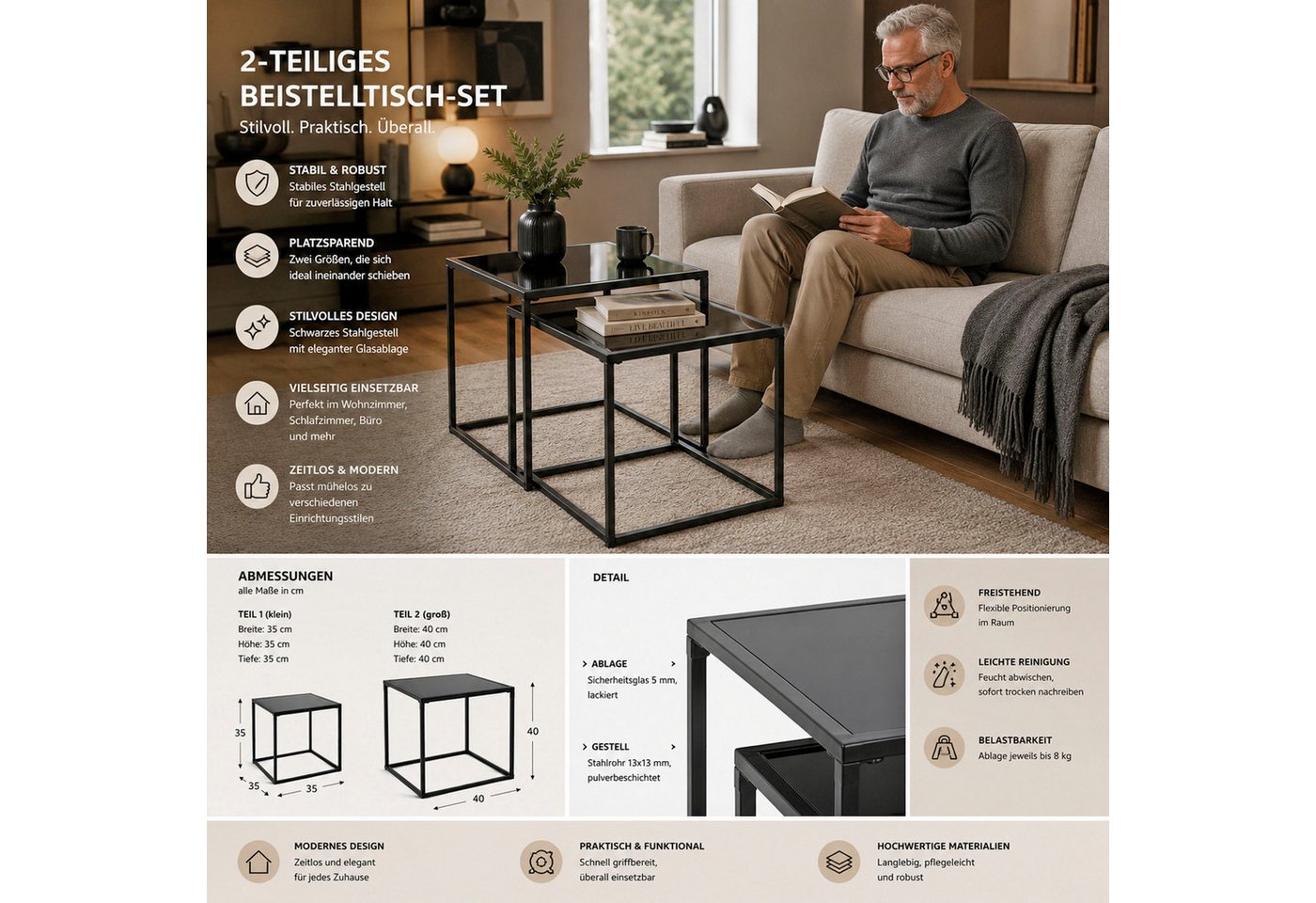 HAKU Beistelltisch Sofatisch, Wohnzimmertisch (Set, 2-St., 2er Set), quadratisch - aus Metall Schwarz B/T/H 35/35/35 und 40/40/40 cm – Bild 3 von 5
