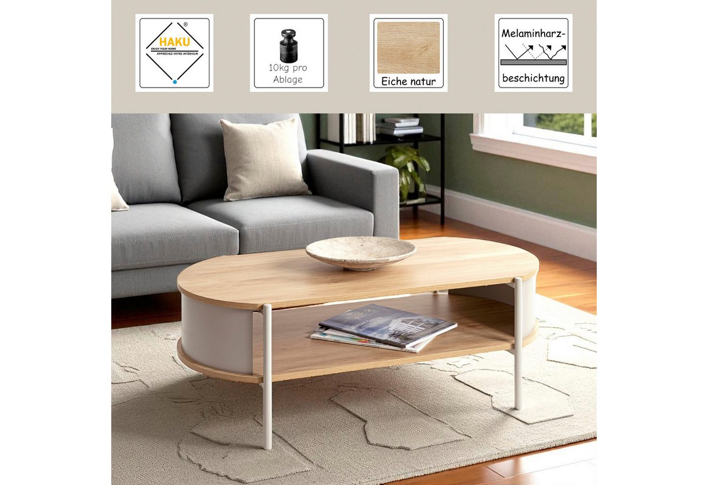 HAKU Couchtisch Sofatisch, Wohnzimmertisch (1-St), oval - aus MDF Braun B/T/H 100/54/37 cm – Bild 3 von 5