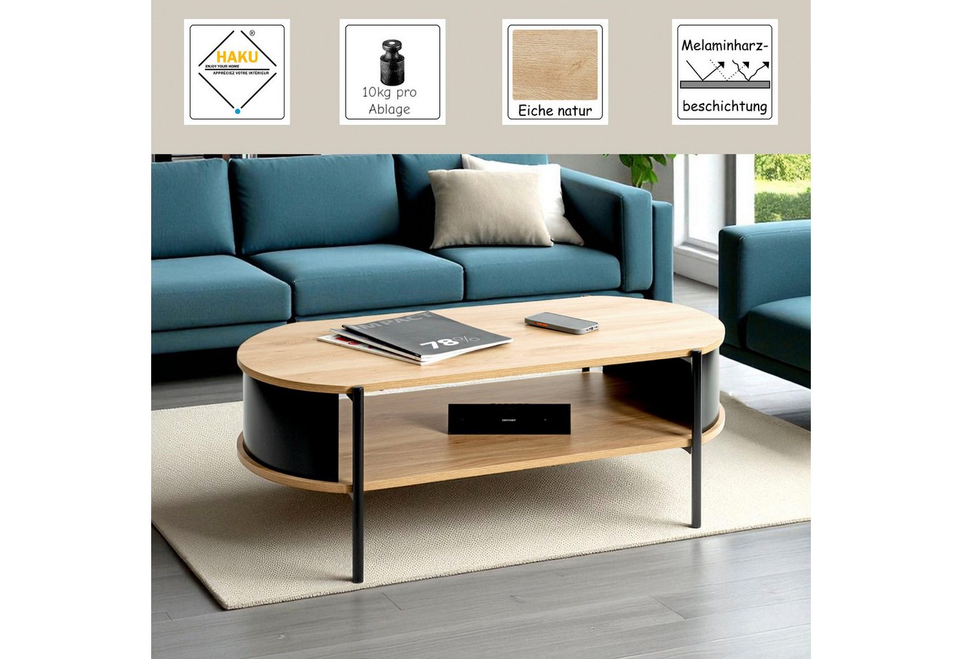 HAKU Couchtisch Sofatisch, Wohnzimmertisch (1-St), oval - aus MDF Braun B/T/H 100/54/37 cm – Bild 3 von 5