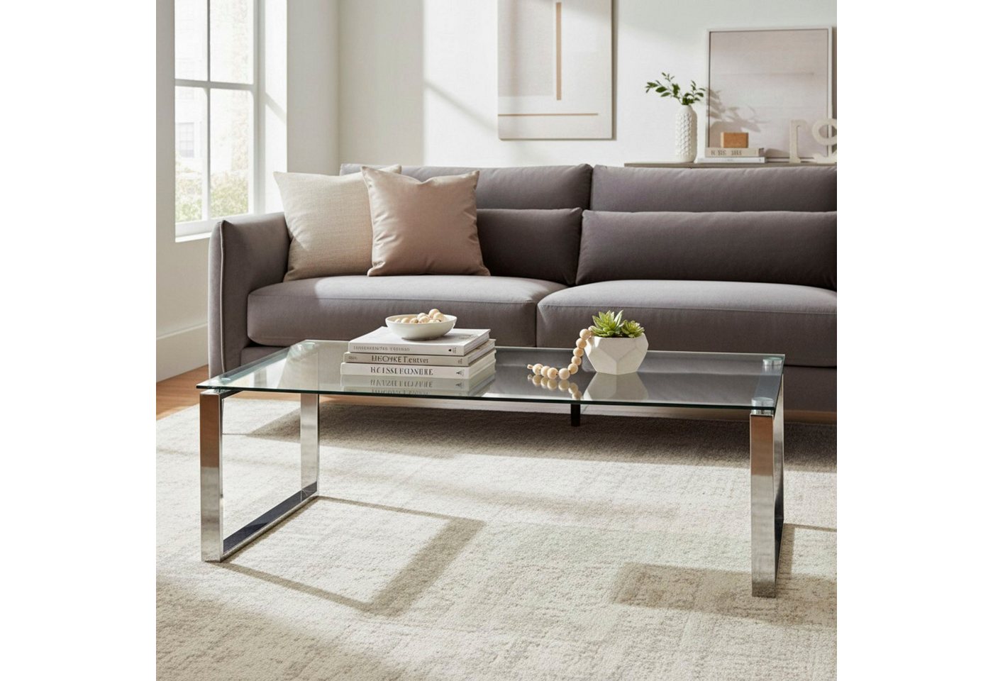 HAKU Couchtisch Sofatisch, Wohnzimmertisch (1-St), rechteckig - aus Metall Silber B/T/H 120/60/40 cm – Bild 2 von 5