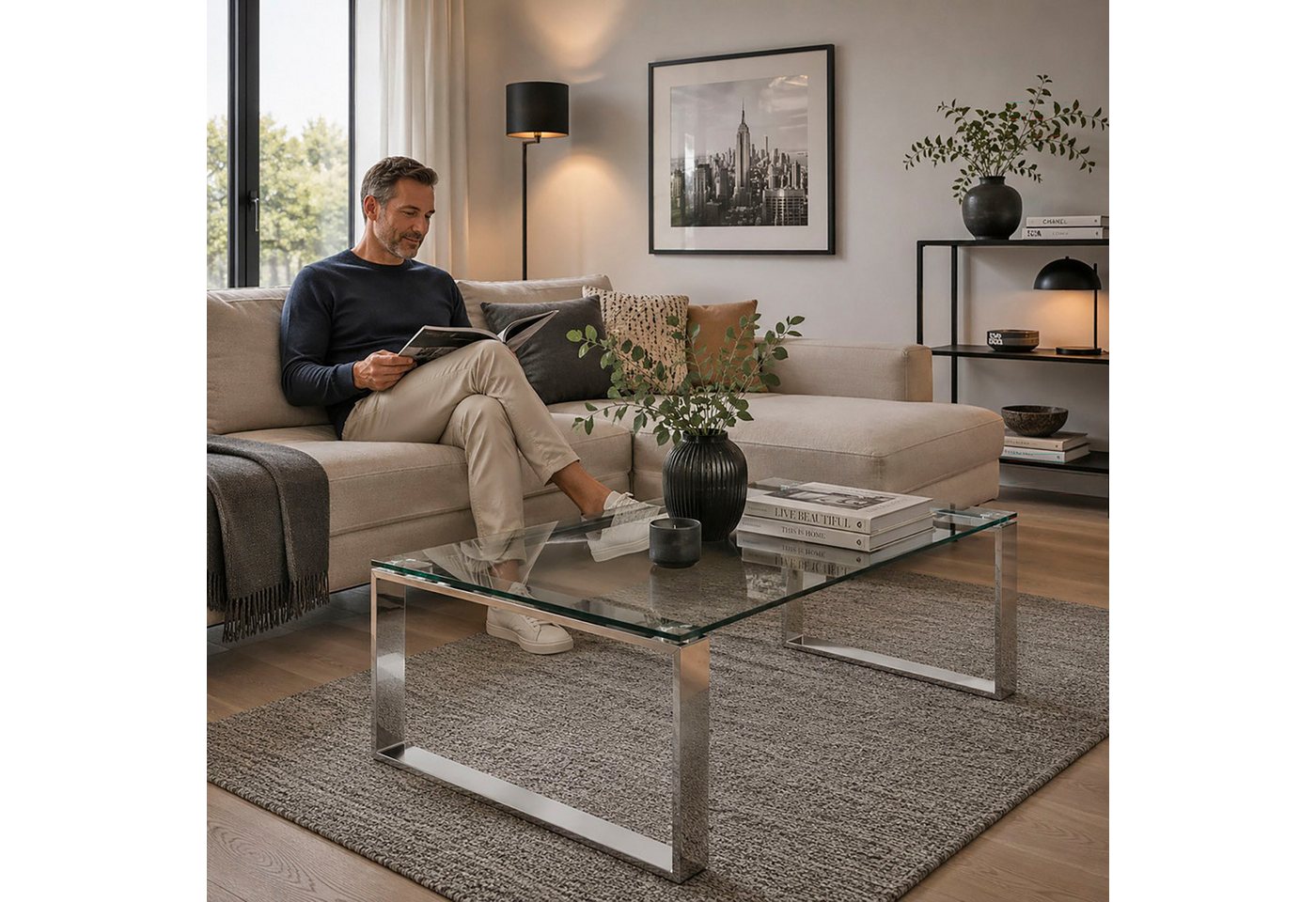 HAKU Couchtisch Sofatisch, Wohnzimmertisch (1-St), rechteckig - aus Metall Silber B/T/H 120/60/40 cm – Bild 5 von 5