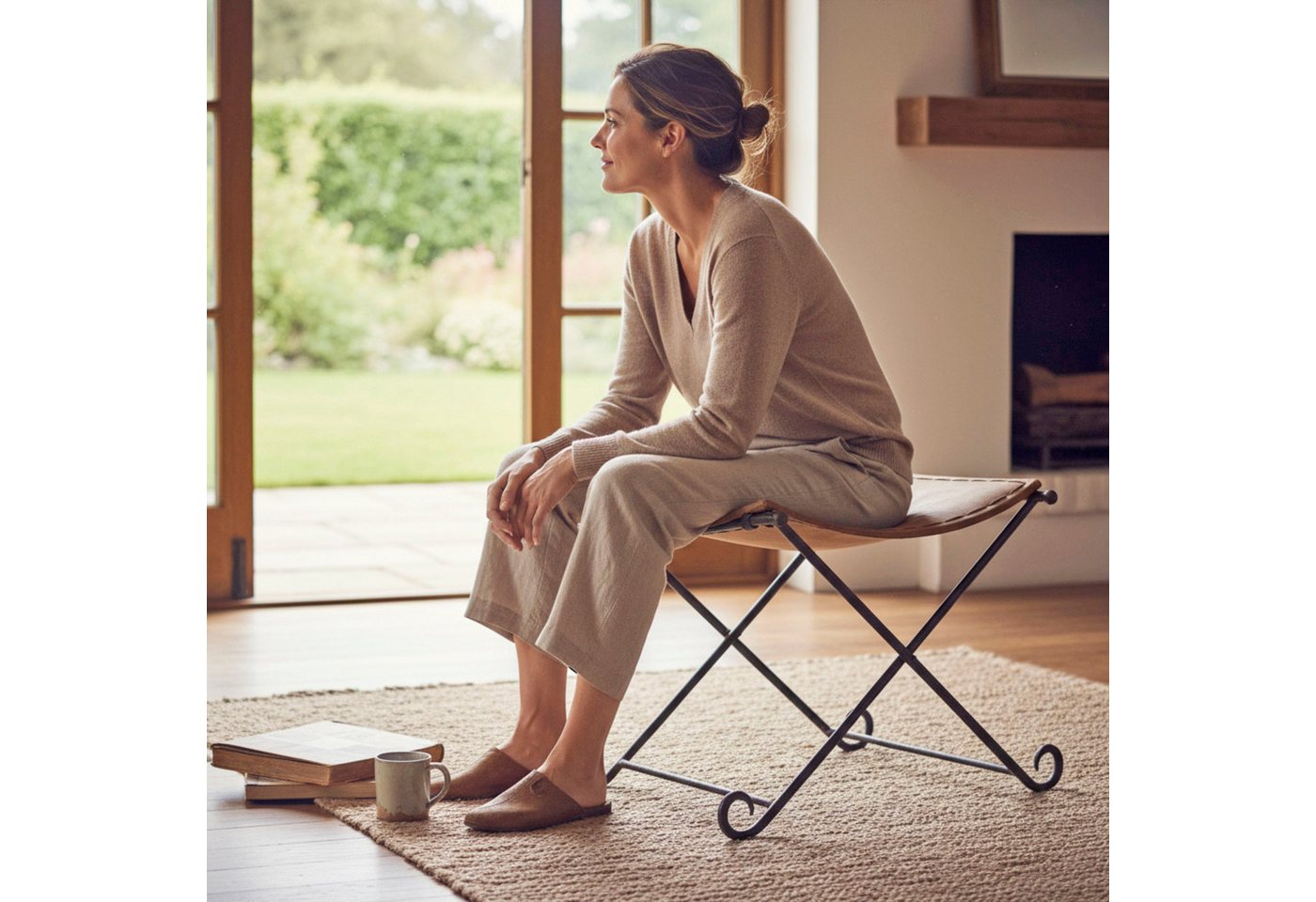 HAKU Hocker Pouf, Schemel, Stockerl, rechteckig - aus Leder Braun - B/T/H 58/50/49 cm – Bild 5 von 5