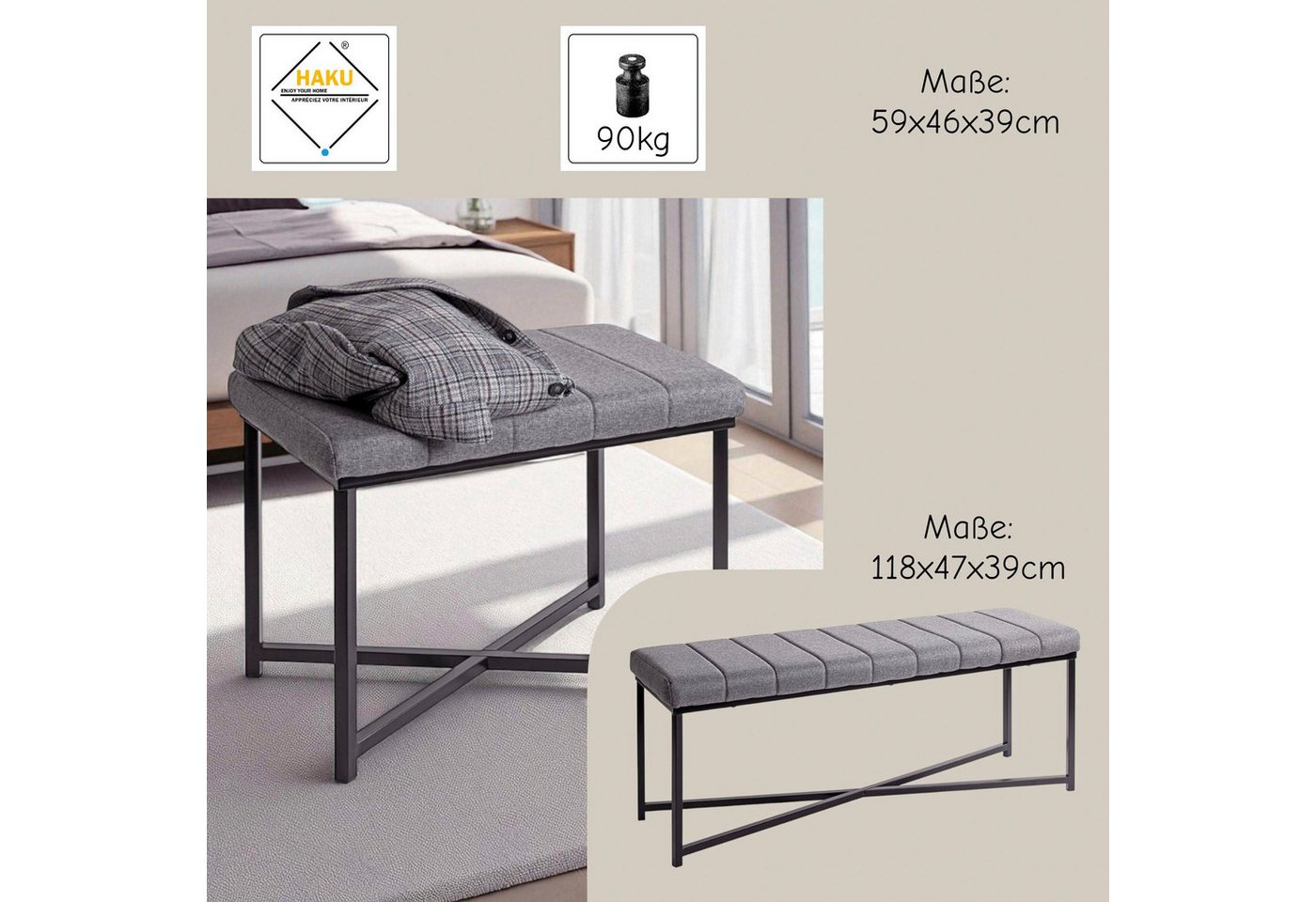 HAKU Hockerbank Flurbank, Garderobenbank, Sitzbank (1 St), rechteckig - aus Metall Schwarz - B/T/H 59/39/46 cm – Bild 3 von 5
