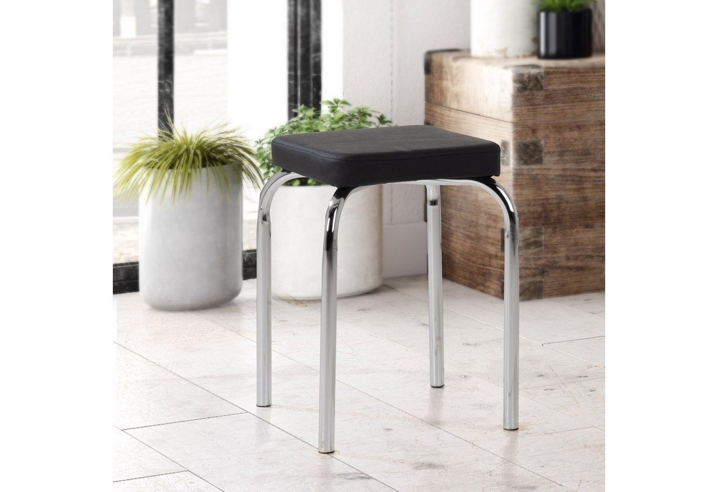 HAKU Sitzhocker Stapelhocker, B 36 cm, T 36 cm, H 47 cm (2 St), Schwarz, stapelbar, Chromgestell – Bild 2 von 5